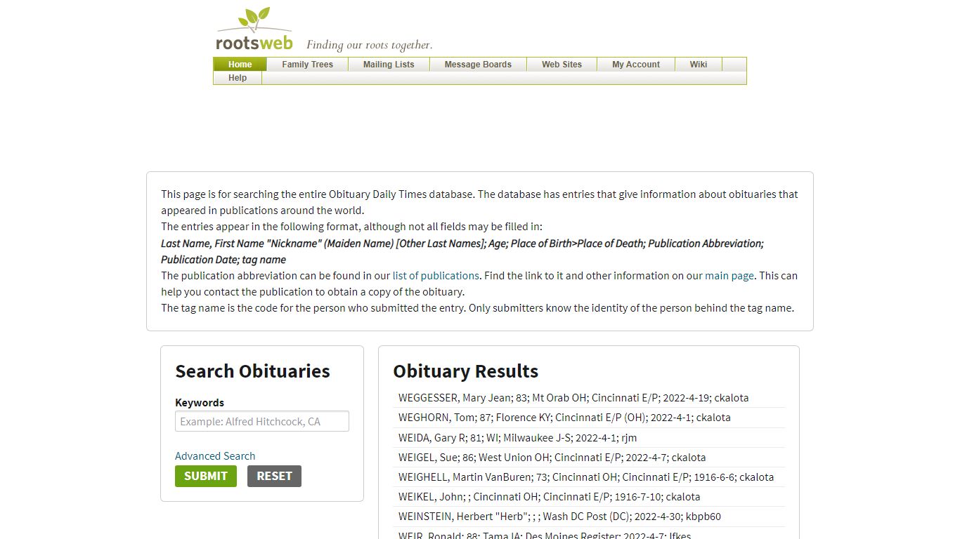 Search Obituaries - RootsWeb